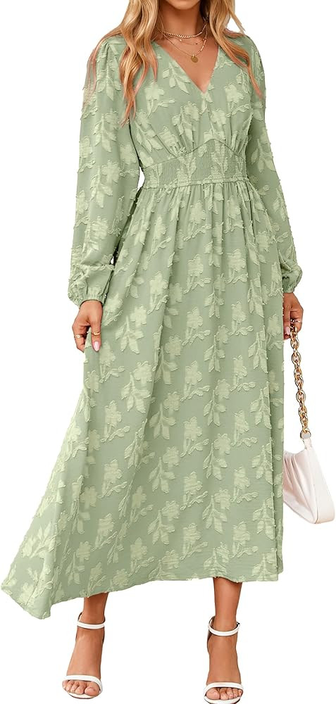 Simplee Womens Boho Floral Long Sleeve Maxi Dress V Neck Empire Waist Fall Wedding Guest Dresses ... | Amazon (US)