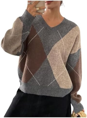Verdusa Women's Color Block Checkered Sweater Y2K Plaid V Neck Long Sleeve Knitted Tops Pullover ... | Amazon (US)
