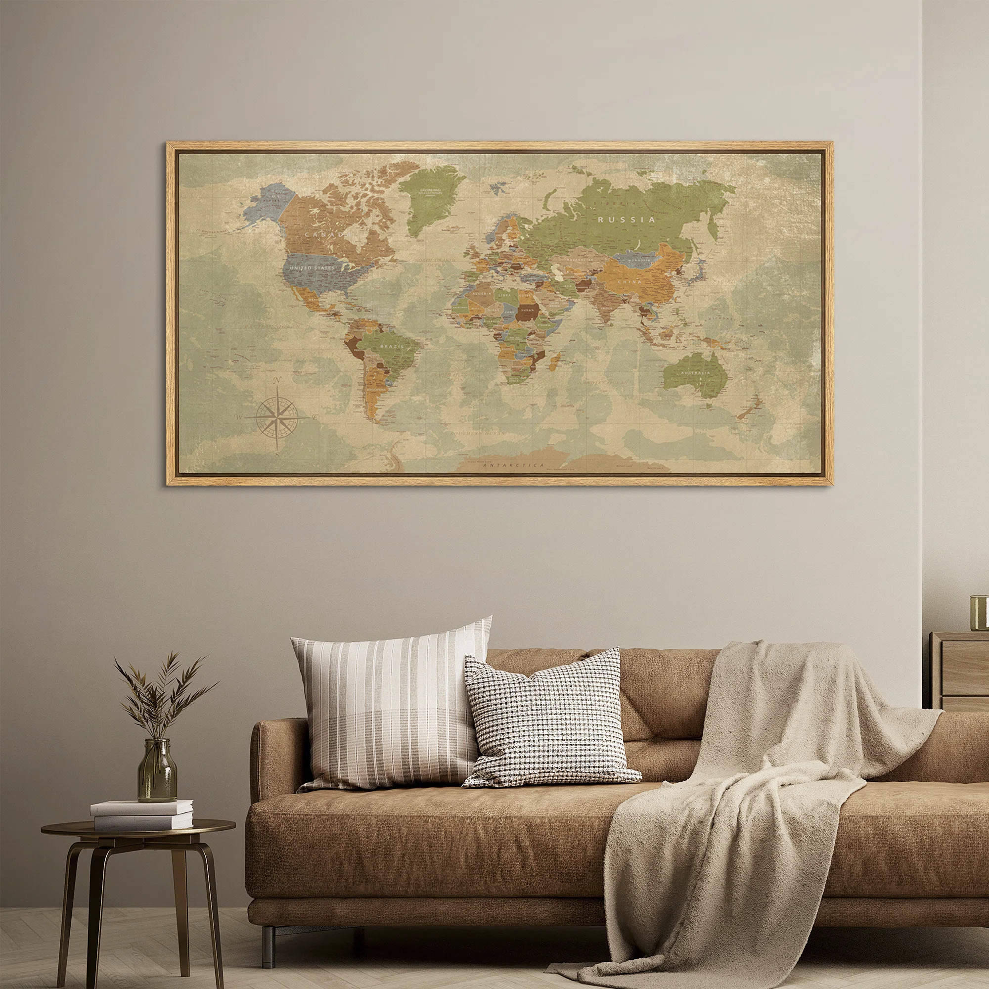 Vintage Earth Toned World Map with Country Borders and Compass Detail – Large Framed Canvas Mas... | Wayfair North America