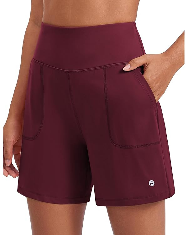 PINSPARK Women's Athletic Shorts 6" High Waisted Yoga Shorts with Pockets Soft Workout Running Sh... | Amazon (US)