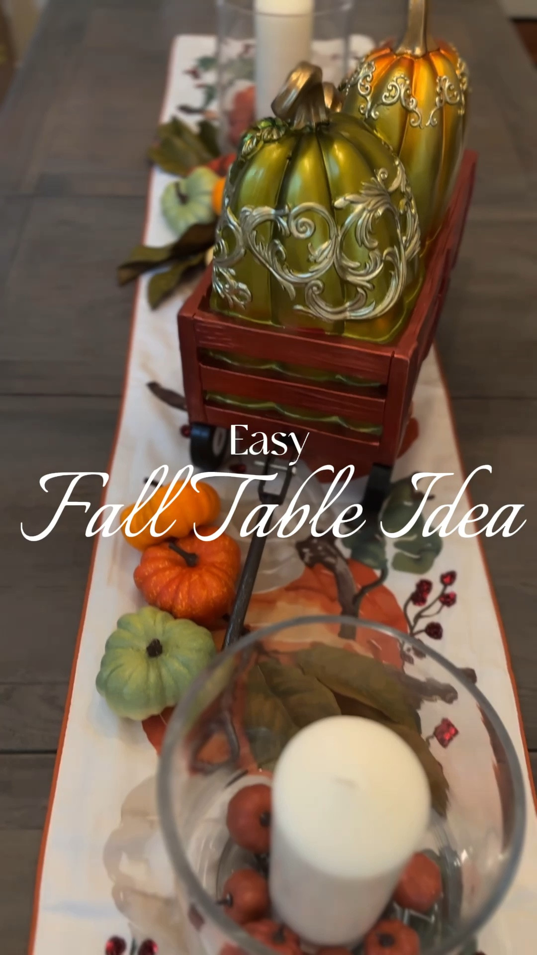 Fall, tablescape inspiration, that is so easy and affordable. 

I decided to stick to a seasonal traditional theme of pumpkins, and started with a centerpiece of a resin wagon with pumpkins to add height and interest. From there. I build out the tablescape to incorporate faux pumpkins, natural elements, such as magnolia leaves, and anchored each end with pillar candles in hurricanes. 

Fall, decorating, fall home, decor, fall table, fall centerpiece, seasonal decor, faux, pumpkins, fall bowl filler, mini pumpkins, Amazon, home, QVC, Amazon, seasonal decor, Amazon finds Michael's fall decor 

#LTKstyletip #LTKSeasonal #LTKhome