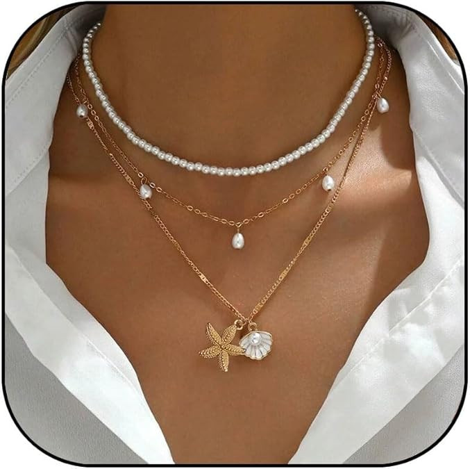 Gold Starfish Necklace for Women Shell Pendant Necklace Layered Boho Pearl Choker Necklace Summer... | Amazon (US)