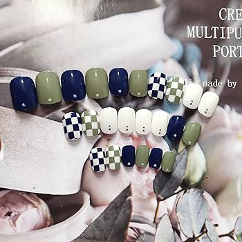 IMSOHOT Square Press on Nails Short Squoval Fake Nails Green Blue Checkerboard DIY Acrylic Design... | Amazon (US)