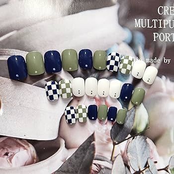 IMSOHOT Square Press on Nails Short Squoval Fake Nails Green Blue Checkerboard DIY Acrylic Design... | Amazon (US)