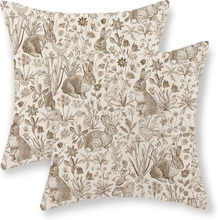 Spring Brown Pillow Covers 18x18 Set of 2 Easter Rabbit Bunny Floral Botanical Decorative Throw P... | Amazon (US)