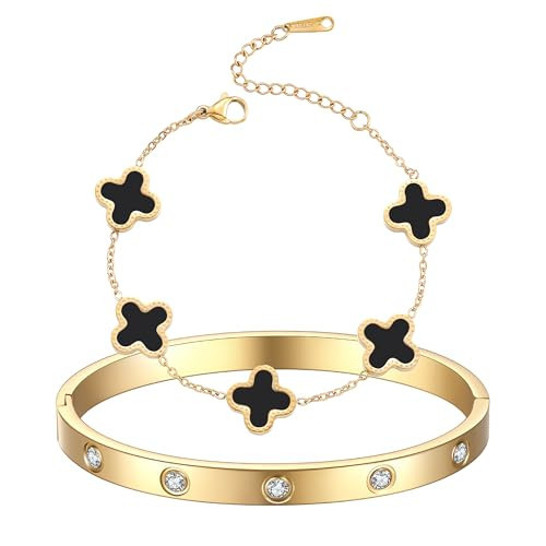 TICVRSS 18K Gold Plated Clover Bracelet Love bangle Set for Women Stack Cute Fashion Simple Friendship Bracelet Lucky Link Bracelets Jewelry Gifts Trendy for Women ((Black+Gold)-7.0in) | Amazon (US)