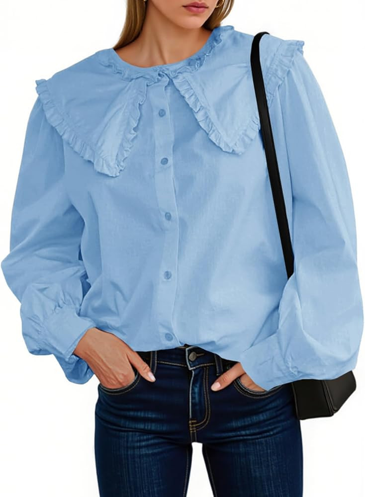 Tankaneo Womens Button Down Shirts Cotton Puff Sleeve Babydoll Blouse Fall Casual Doll Collar Top... | Amazon (US)