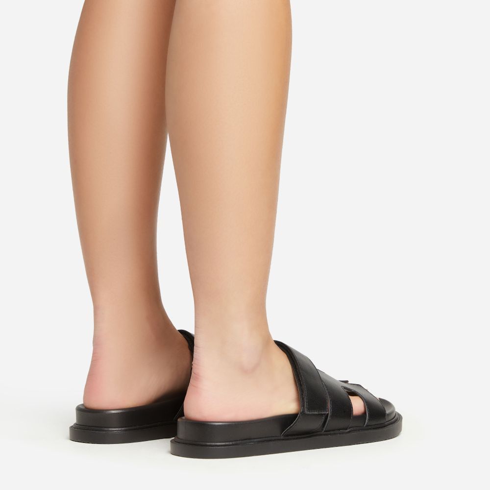Valerie Gladiator Velcro Strap Flat Slider Sandal In Black Faux Leather | EGO Shoes (US & Canada)