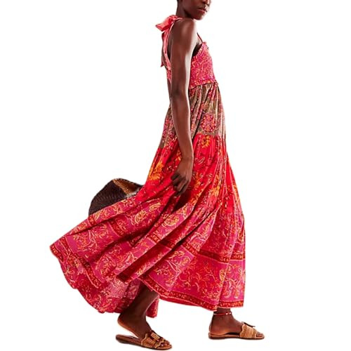 Women Summer Dresses Flowy Smocked Maxi Dress Sleeveless Tie Shoulder Boho Dresses Y2K Floral Beach Sundresses, Red, Large | Amazon (US)