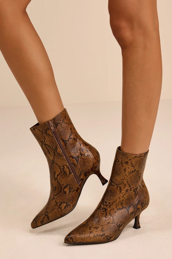 Ediva Brown Snake Pointed-Toe Ankle Booties | Lulus