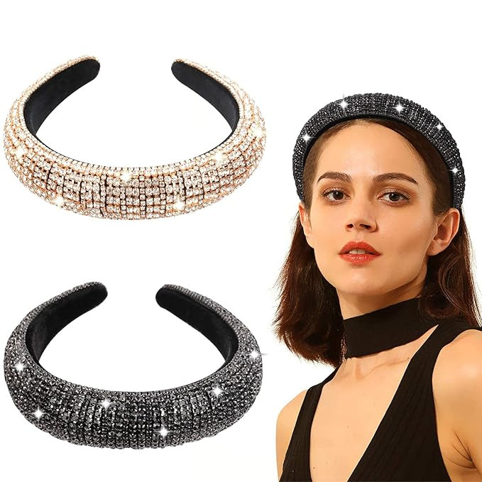 2PCS Bling Padded Rhinestone Headband Diamond Crystal Beaded Wide Headband Bejewelled Hairband Lu... | Amazon (US)