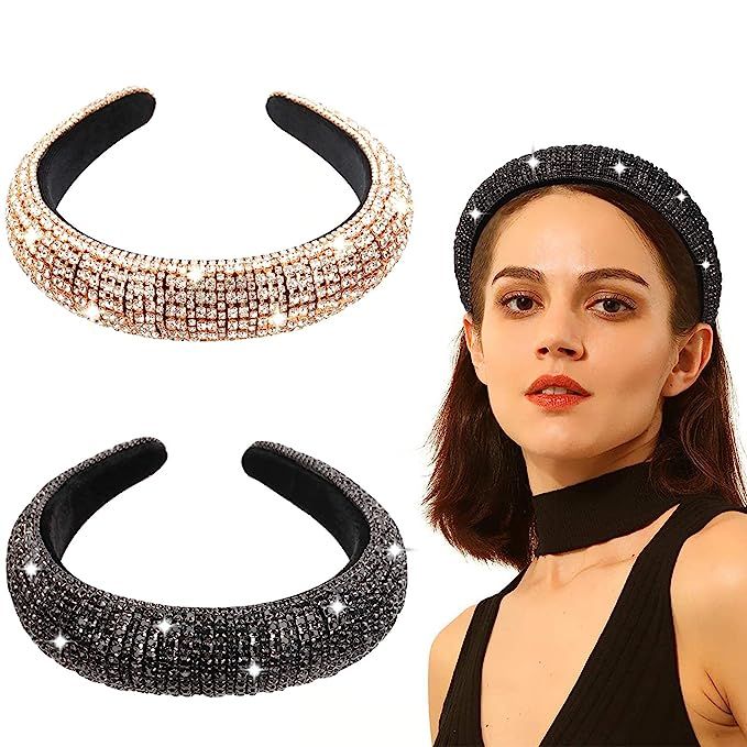 2PCS Bling Padded Rhinestone Headband Diamond Crystal Beaded Wide Headband Bejewelled Hairband Lu... | Amazon (US)