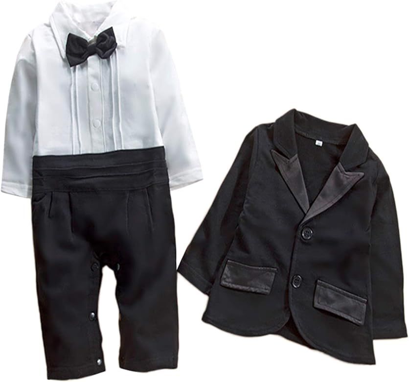 Bilo Store Newborn Infant Baby Boys Tuxedo Bow Tie Jumpsuit Romper and Black Jacket 2-pc Formal W... | Amazon (US)