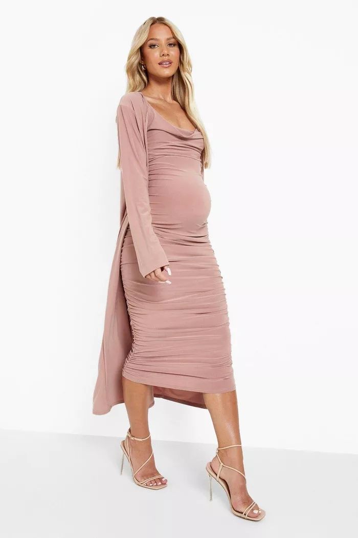 Maternity Strappy Cowl Neck Dress And Duster Coat | boohoo (US & Canada)