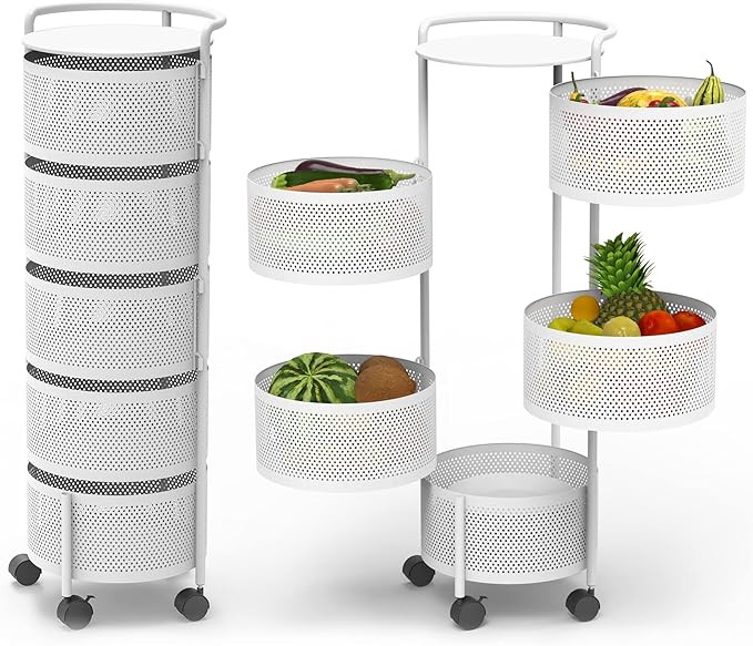 JAQ Rotating Fruit Basket, 5-Tier Metal Sturdy Kitchen Storage Rack Shelf Carts No Assembly on Ro... | Amazon (US)