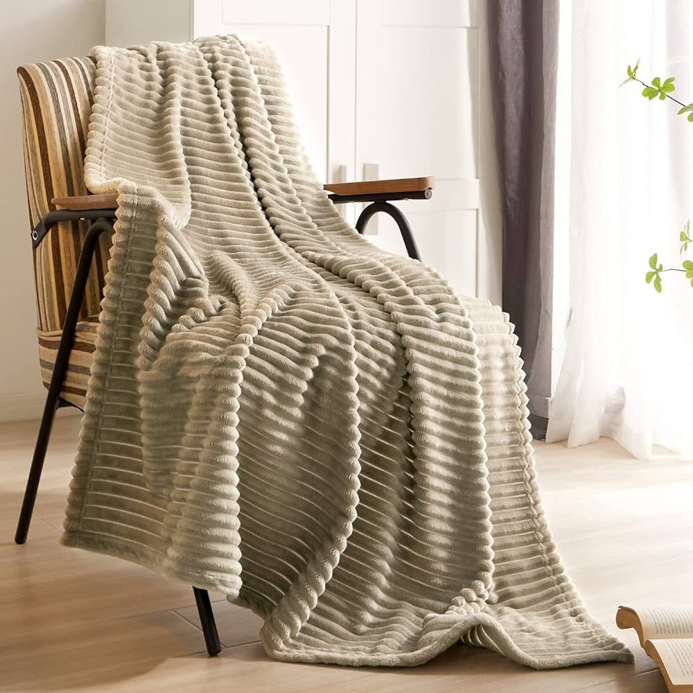 Geniospin Taupe Fleece Throw Blanket, 280GSM Extra Soft Lightweight Blanket with Strip, Plush Fuz... | Amazon (US)