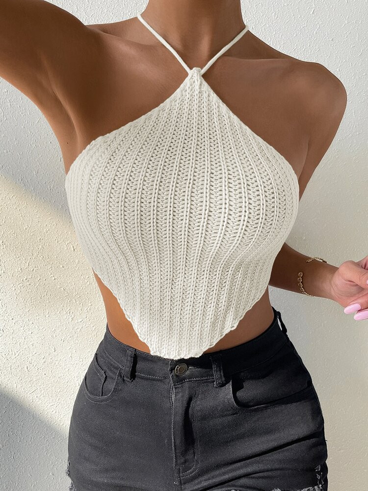 Tie Backless Crisscross Bandana Hem Crop Knit Top | SHEIN