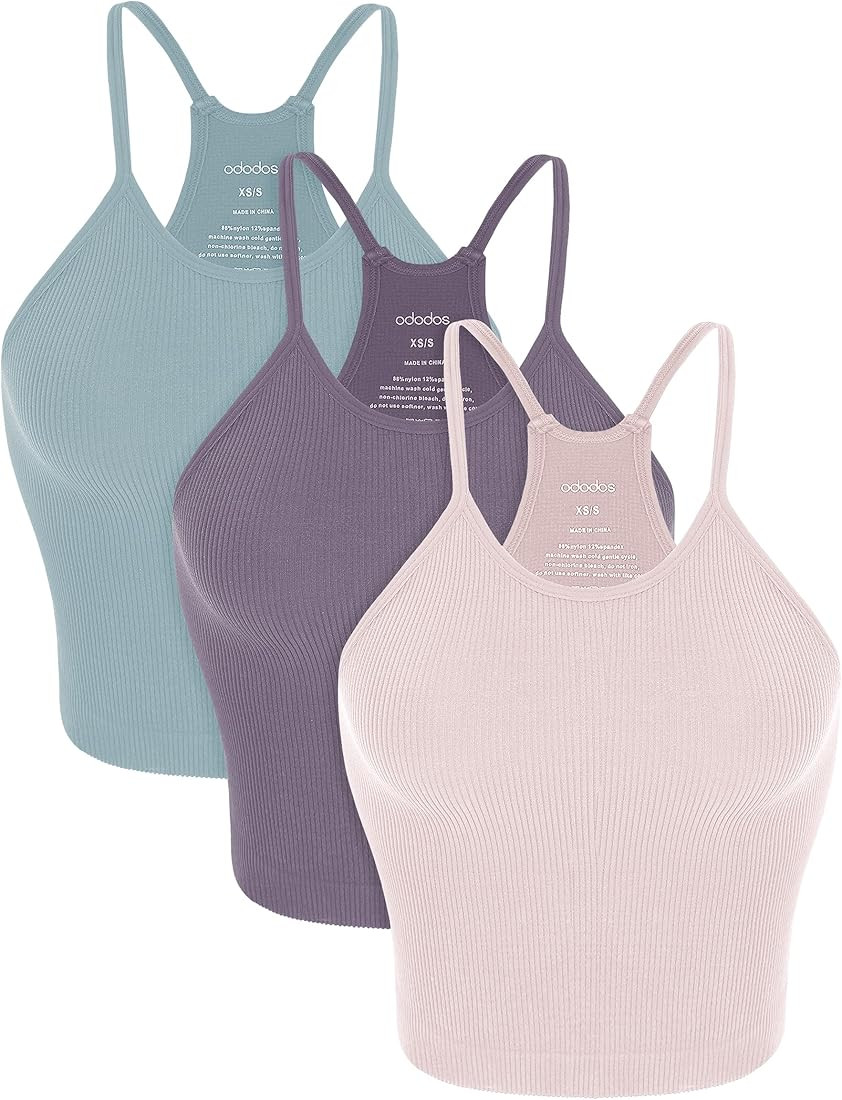 ODODOS Women's Crop 3-Pack Washed Seamless Rib-Knit Camisole Crop Tank Tops | Amazon (US)