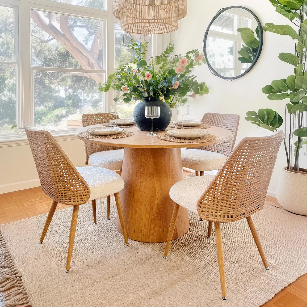 Dwen & Nice 46" Round Rattan & Beige Dining Set for 4 (5-Piece) | Pop Maison