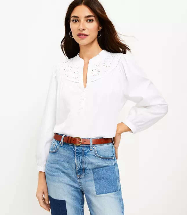 Petite Embroidered Round Yoke Blouse | LOFT