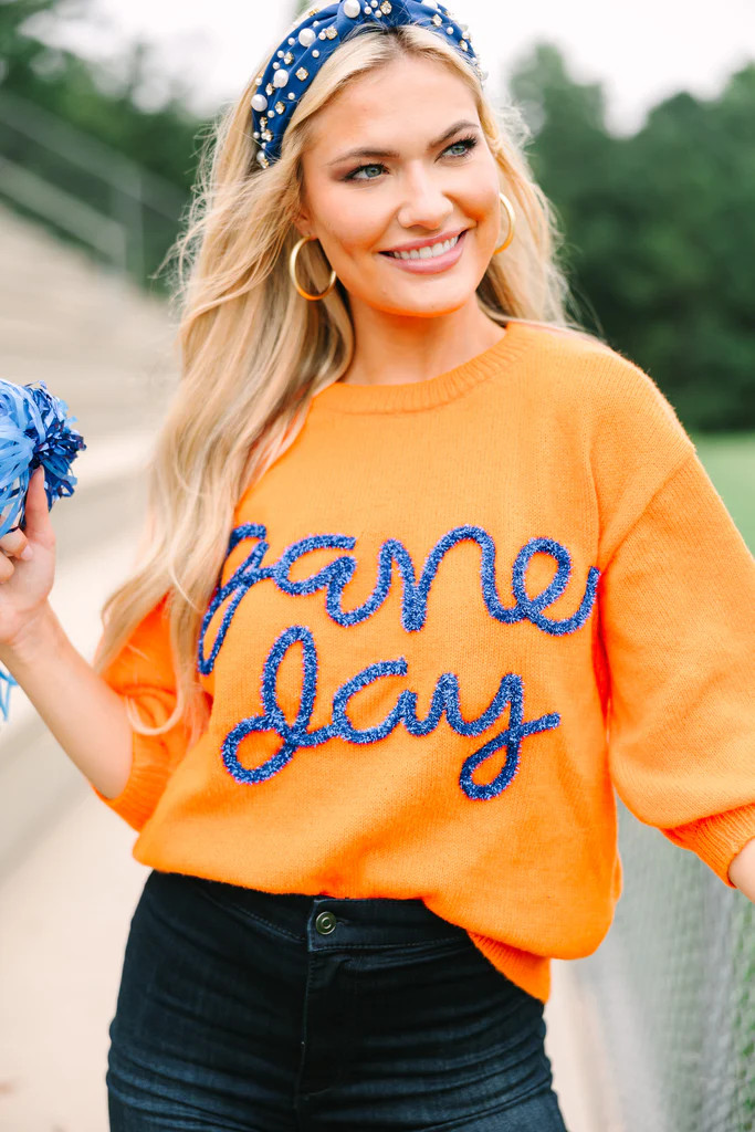 It's Game Day Orange/Navy Puff Sleeve Sweater | The Mint Julep Boutique