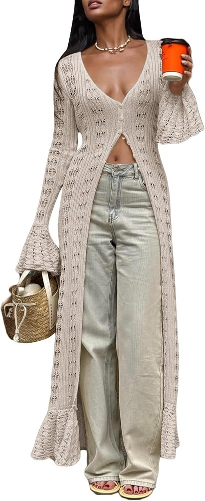 Unybwonn Long Cardigans for Women Crochet Hollow Out Knit Sweater Cover up Maxi Dress Long Sleeve... | Amazon (US)
