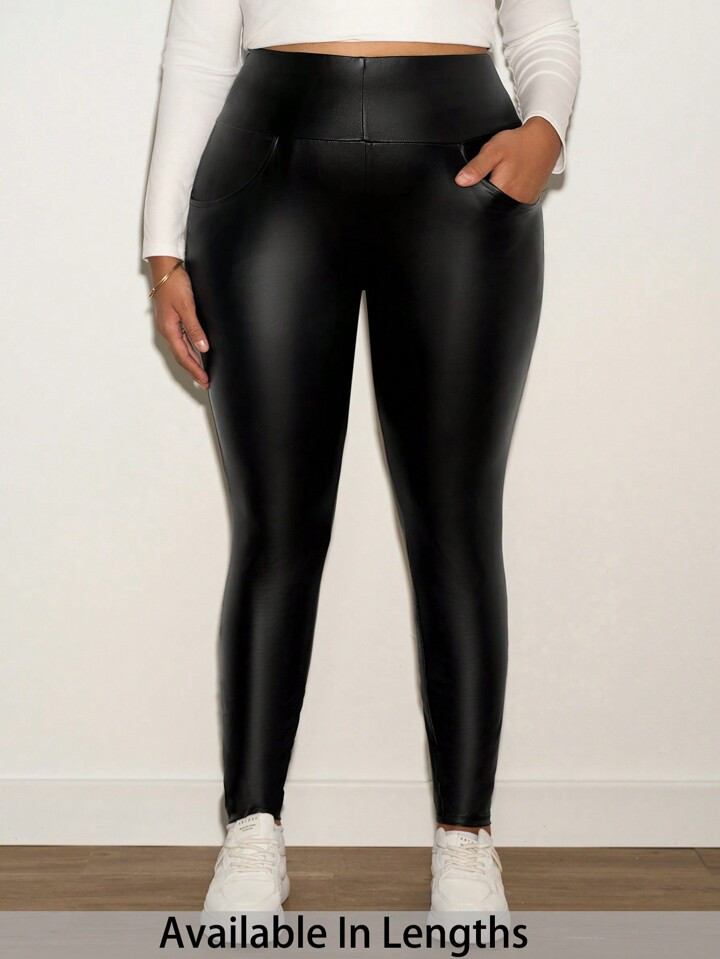 SHEIN Tall CURVE Plus Size Solid Color High Waist Slim Fit Leggings, Casual Everyday Wear, For Wi... | SHEIN