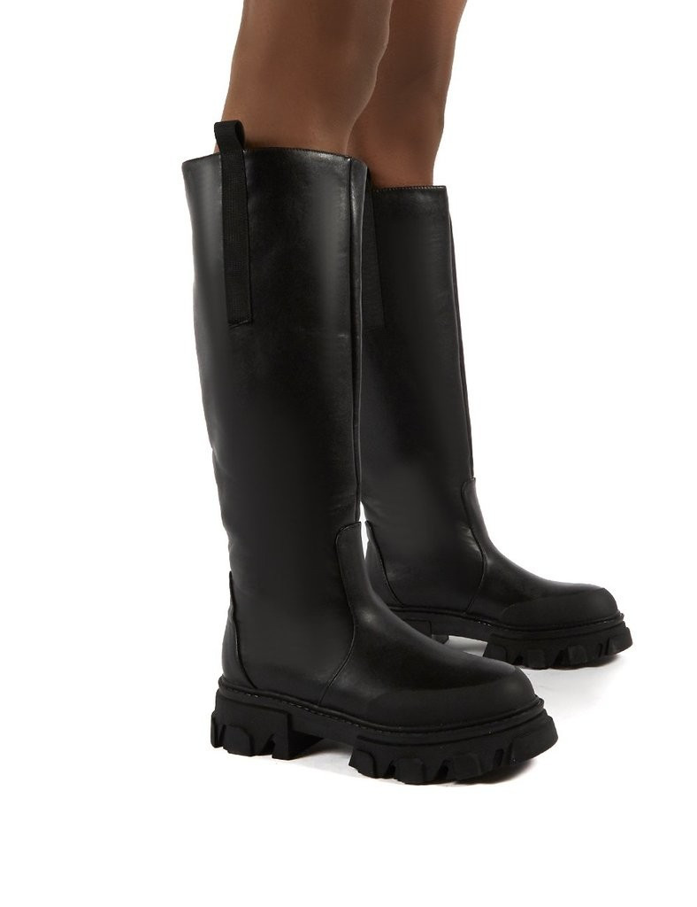 Genius Black Knee High Chunky Sole Boots | Public Desire