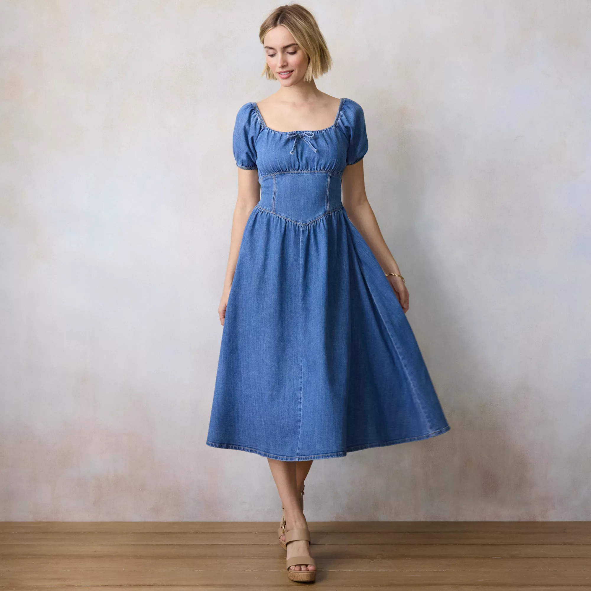 Petite LC Lauren Conrad Denim V-Yoke Puff Sleeve Corset Midi Dress | Kohl's