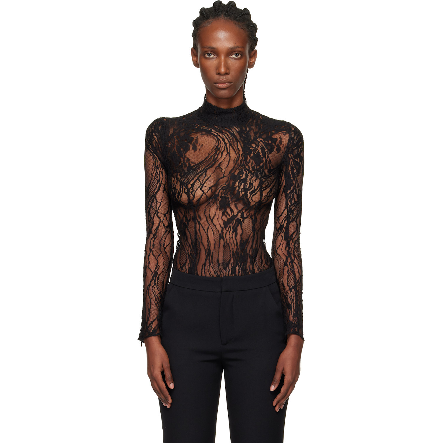 BALMAIN Black Long-Sleeved Lace Bodysuit | SSENSE
