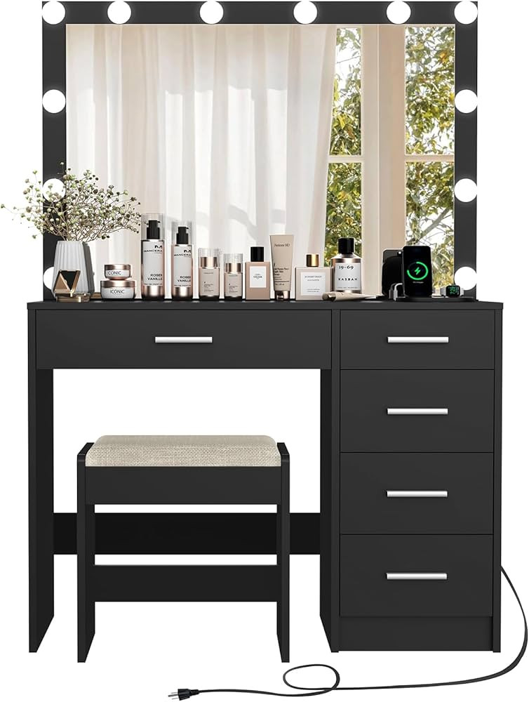 usikey Vanity Desk with Mirror and Lights, Makeup Vanity with Power Outlet, Makeup Vanity Table w... | Amazon (US)