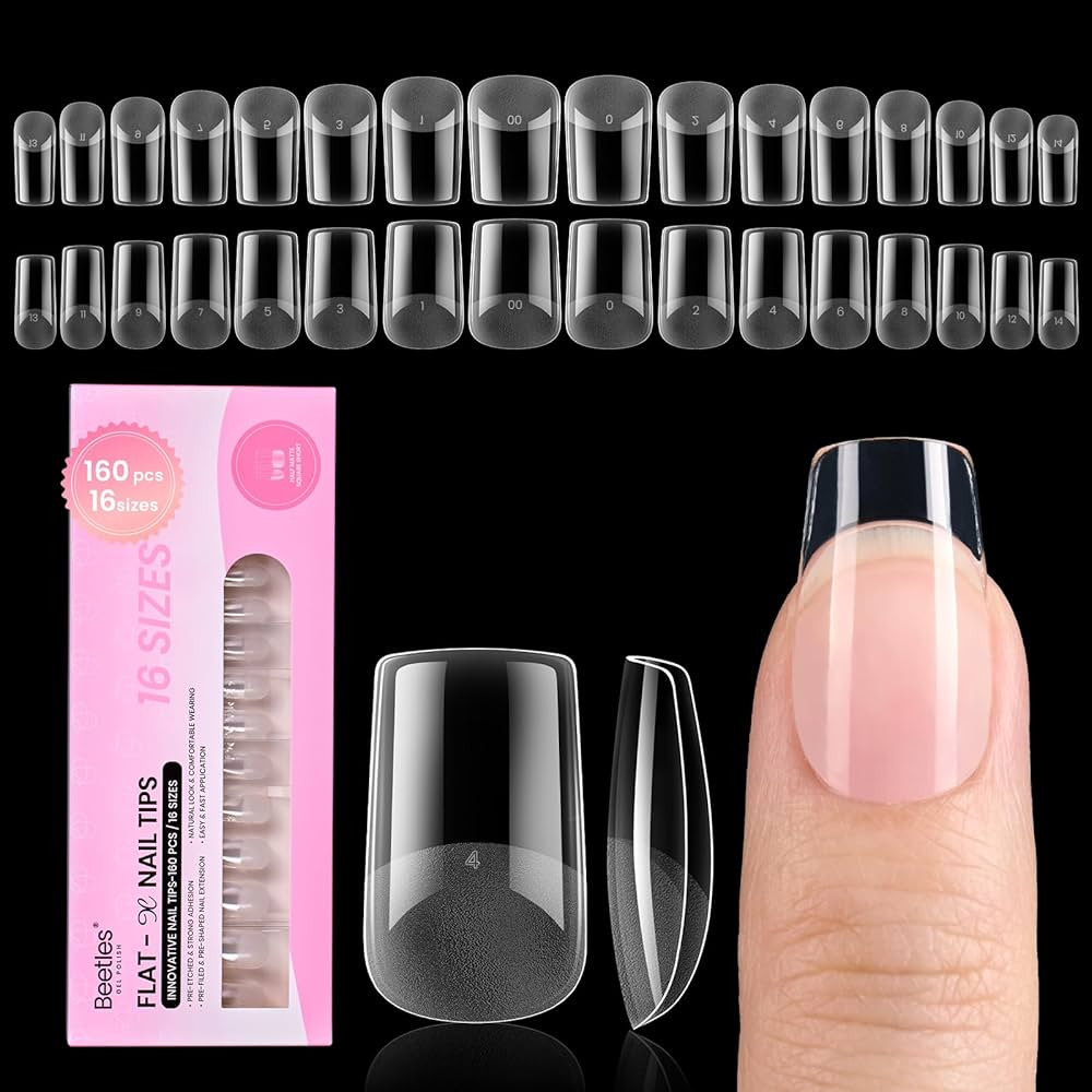 Beetles Gel Nail Tips Flat-X - Square Short, 160pcs 16 Sizes, Pre-Etched Half Matte Full Cover So... | Amazon (US)