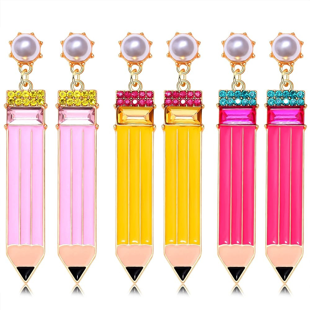 2/3 Pairs Pencil Earrings - Rhinestone Beaded Dangle Drop Earrings for Women - Colorful Teacher Appreciation Gift Set | Amazon (US)