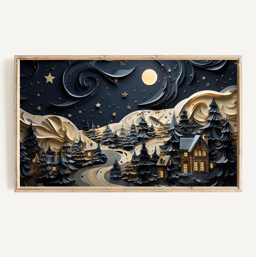 Winter Frame TV Art Christmas Village Digital Download Holiday Houses Winter Dark Toned 3D Art Fi... | Etsy (US)