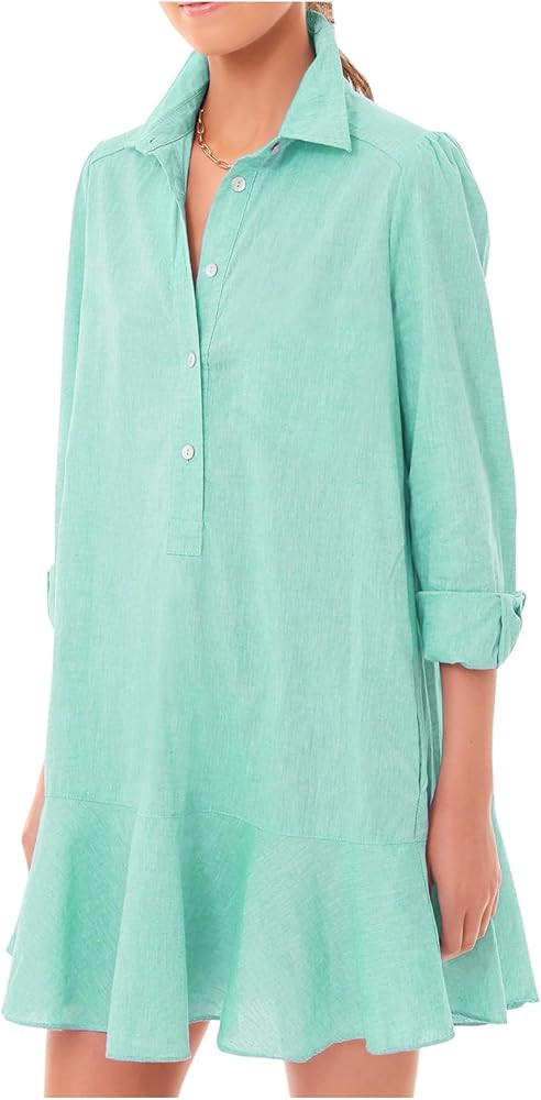 Women‘s Tunic Shirt Mini Dress Long Sleeve Cotton Short Dress Button Up Ruffle Hem Shift Dresse... | Amazon (US)
