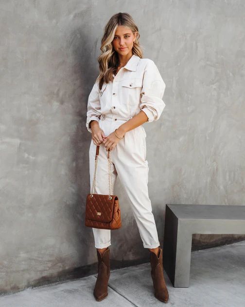 Understated Utility Cotton Pocketed Jumpsuit - Ecru - SALE | VICI Collection