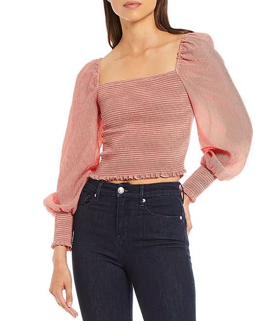 Angel Woven Striped Smocked Square Neck Long Puff Sleeve Top | Dillard's
