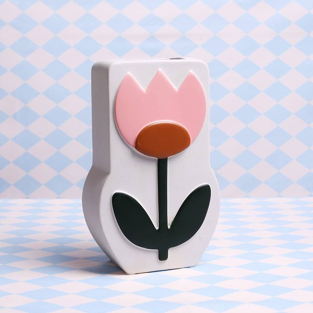 Fatty Bee Pink Flower Shaped Ceramic Vase for Home Decor, Danish Pastel Room Decor, Funky Decor, ... | Amazon (US)