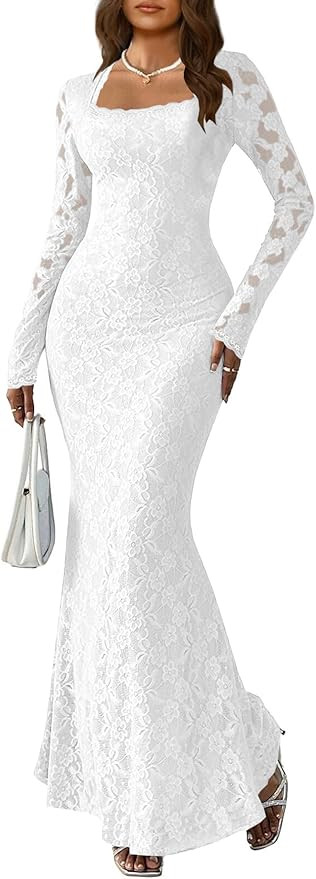 MITILLY Women Bodycon Maxi Dress Elegant Square Neck Long Sleeve Floral Lace Sexy Wedding Guest C... | Amazon (US)