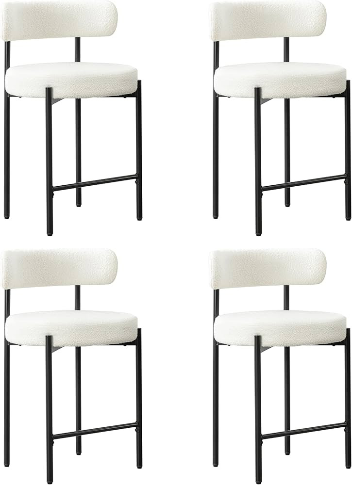 24'' Boucle Counter Stools Set of 4, White Bar Stools with Backs, Counter Height Bar Stools for K... | Amazon (US)