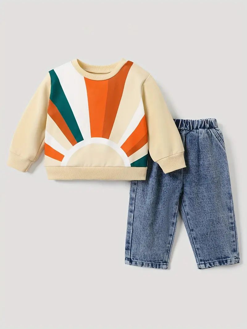 Baby's Retro Sun Print Long Sleeve Set Sweatshirt Jeans Baby - Temu | Temu Affiliate Program