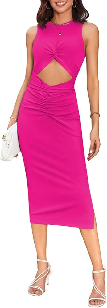 Women Summer Sleeveless Tank Dresses Crew Neck Twist Cutout Ruched Drawstring Slit Casual Party C... | Amazon (US)