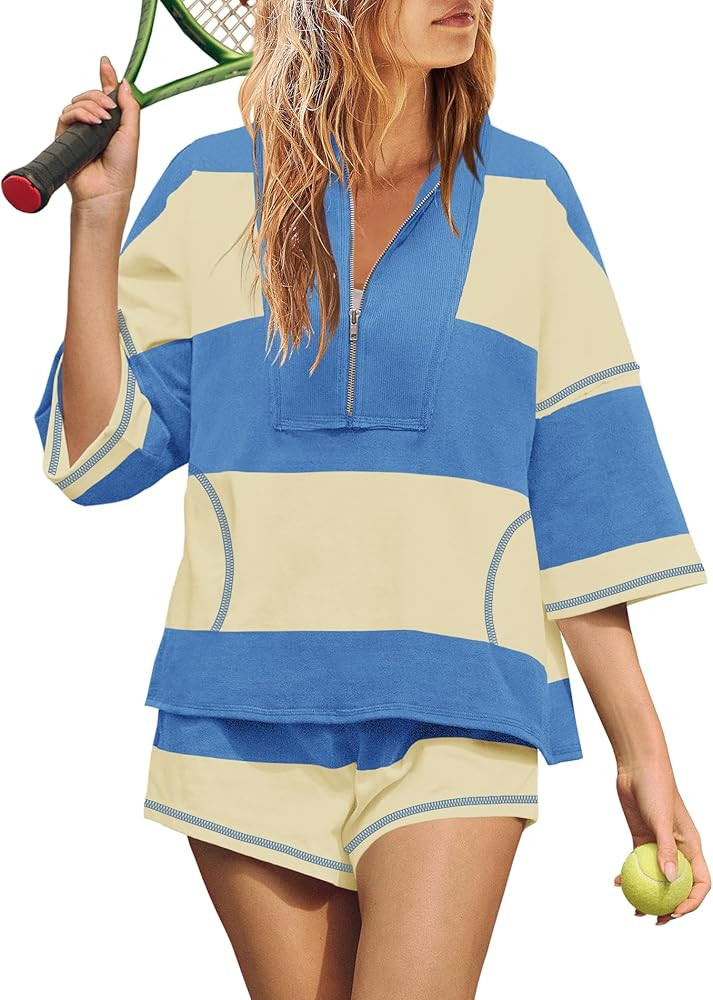 Yanekop Womens 2 Piece Outfits Summer Striped Lounge Set Two Piece Matching Workout Sets Oversize... | Amazon (US)