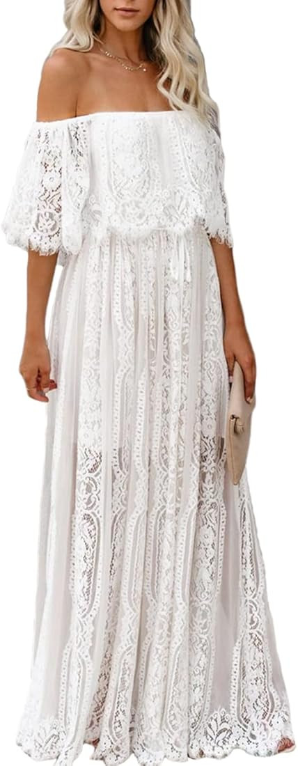 HOYISHION Women's Off The Shoulder Floral Lace Maxi Dress White Bridesmaid Wedding Party Maternit... | Amazon (US)