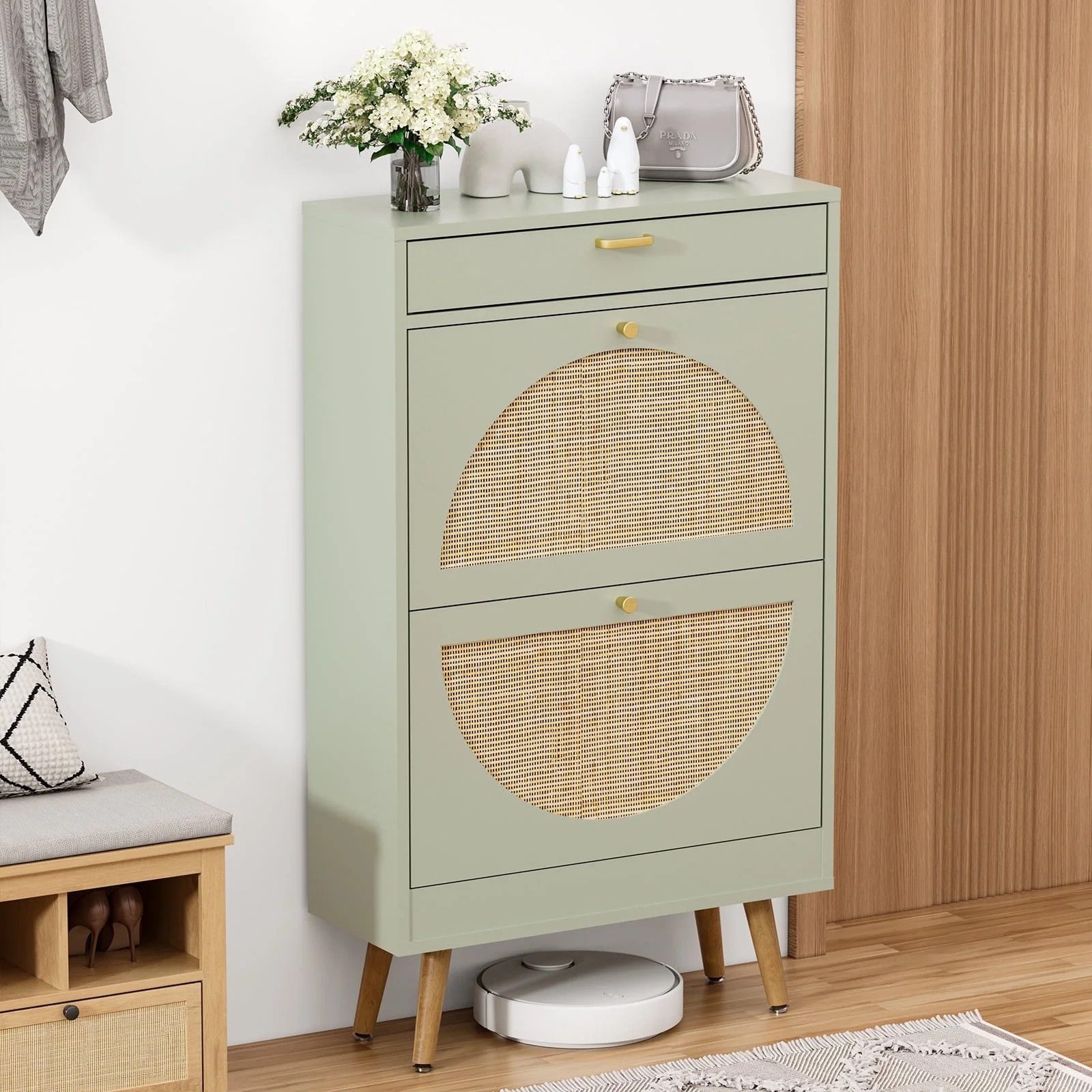 Brafabhome Slim Shoe Cabinet with 2 Flip Drawers, Rattan Entryway Shoe Storage Closet with Drawer... | Walmart (US)