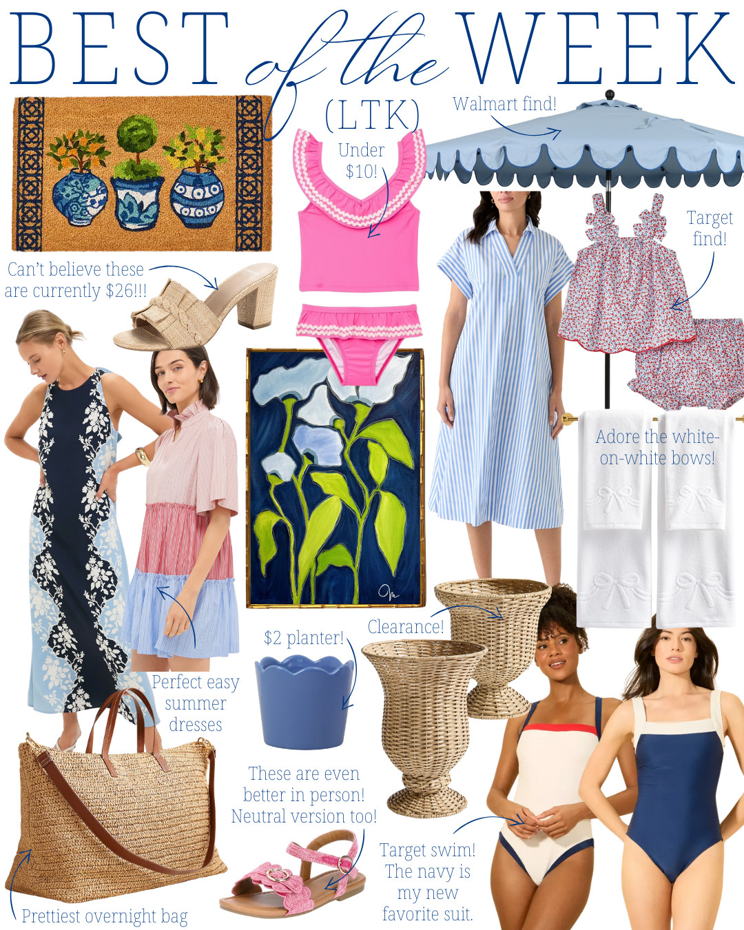 blue and white decor | grandmillennial style | coastal grandmother | Walmart finds | Target finds | summer dresses | straw bag | scalloped planter | woven decor | budget home finds | preppy style | classic swimwear | girls summer outfit | porch decor | summer fashion finds | rattan planter | under $10 finds | clearance home deals | best Amazon doormat | neutral home accents | scalloped umbrella 

 #LTKSeasonal #LTKHome #LTKStyleTip