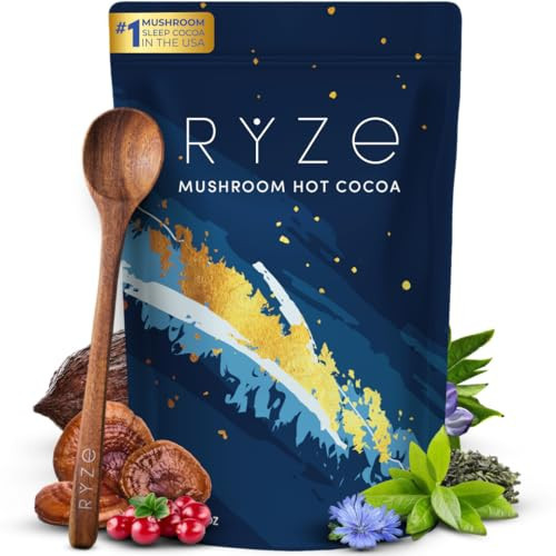 RYZE SUPERFOODS Mushroom Hot Cocoa Melatonin Sleep Supplement, Keto Cocoa Powder with Reishi Mushroom, Melatonin, Glycine, Cacao, L-Theanine, Chicory to Help Fall Asleep and Stay Asleep, 20 Servings | Amazon (US)