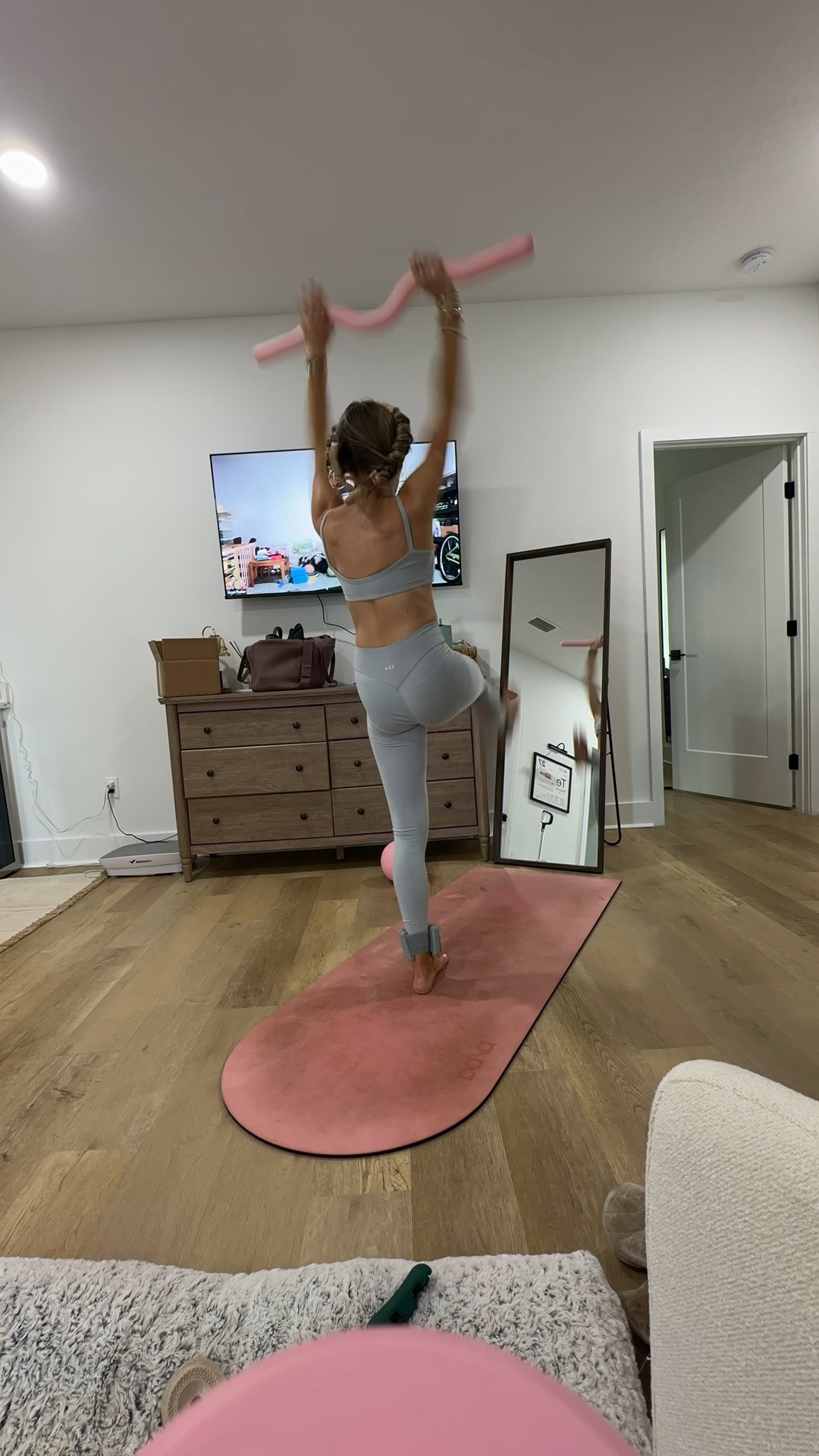 My workout set is size xs from @Shop 437  ! The essential legging and the micro bra. The Essential Leggings features a high-waisted straight waistband and v-dip back detail made to flatter your curves and keep it simple and sleek. These leggings are produced with our 437 Cloud™ moisture-wicking, sustainability-sourced fabric, offering you the softest, most comfortable feel. The micro bra that does more with less. Our micro sports bra is designed with a soft scoop neckline, delicate straps, and a supportive double-layered fit. Crafted from our 437 Cloud™ moisture-wicking fabric, it’s as breathable as it is sustainable. Removable padding lets you adjust the fit to your liking, while a refined 437 logo at the front keeps it minimal—but intentional.

My workout and workout gear for my daily workout. I take pilates classes from @lexfish on Instagram she has a whole online platform and membership! Most of my pilates gear and tools are from Bala. Bala use code SLOANE15. 
#workoutgear #workoutwear #pilates #ootd #outfit #athleticwear #athleticoutfit #bikershorts #sportsbra #pilatesoutfit #athleisure #bala #pilatesworkout #pilateslovers #pilatestiktok #balabangles

#LTKfitnessgoals #LTKActive #LTKmorningroutine