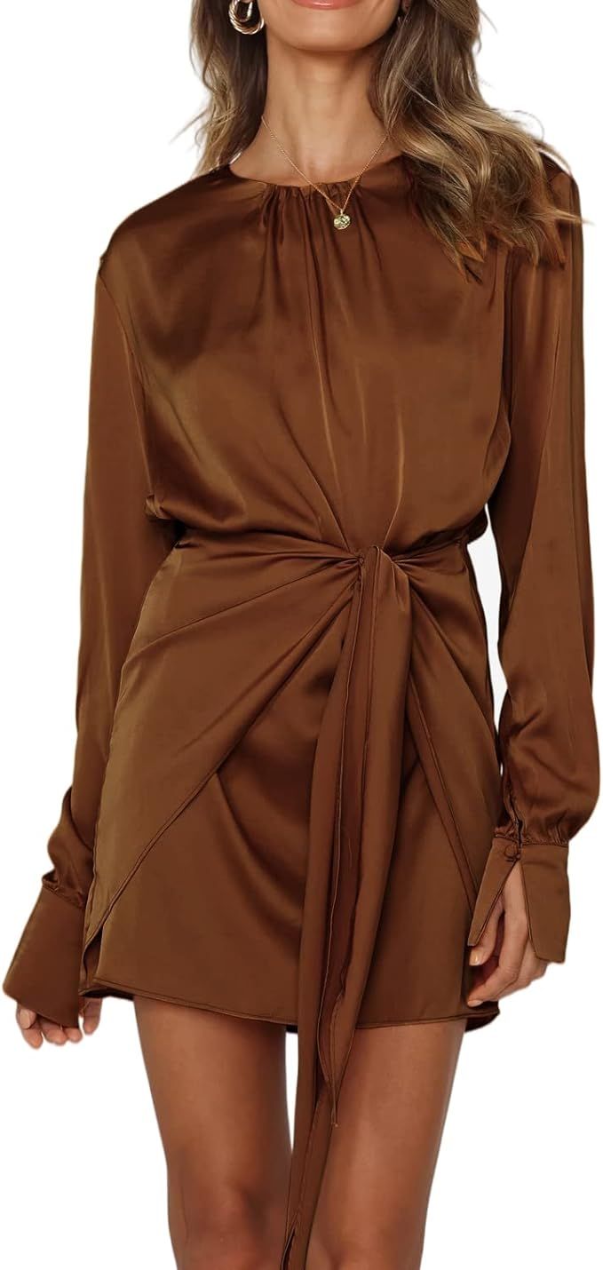 R.Vivimos Women's Satin Dress Long Sleeve Casual Wrap Ruched Tie Waist Party Mini Dress | Amazon (US)