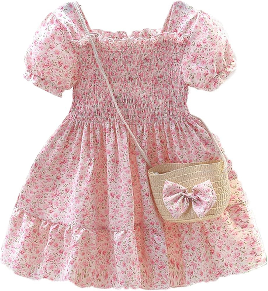 Toddler Girls Floral Dress Square Neck Puff Sleeve A-Line Smocked Dress with Bag Toddler Girls Su... | Amazon (US)
